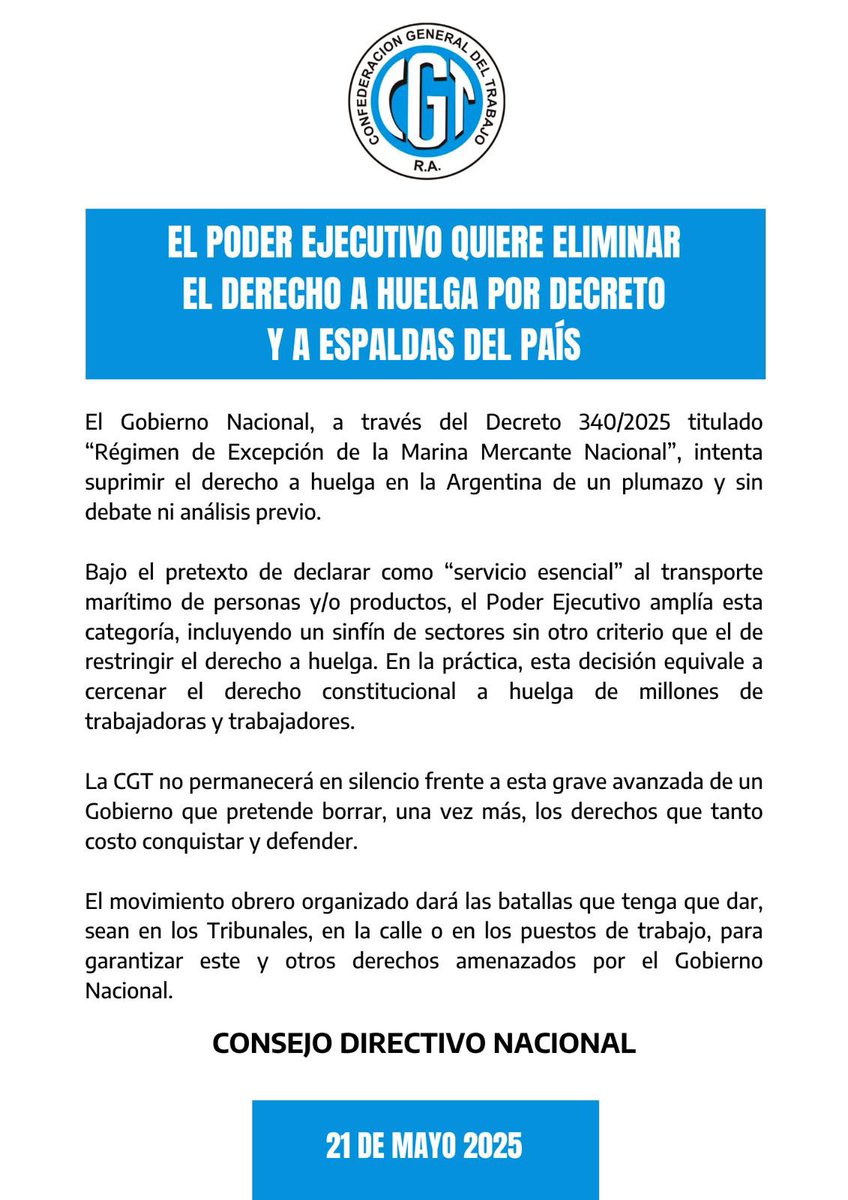 📢 EL PODER EJECUTIVO QUIERE ELIMINAR EL DERECHO A HUELGA POR DECRETO Y A ESPALDAS DEL PAÍS

👉🏼 El Gobierno Nacional, a través del Decreto 340/2025, intenta suprimir el derecho a huelga en la Argentina de un plumazo y sin debate ni análisis previo
