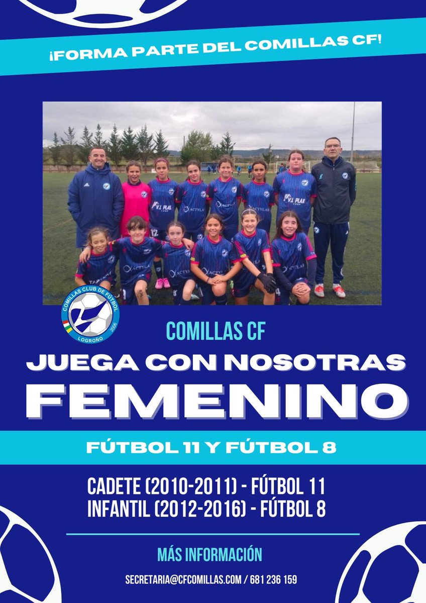 ⚽️🔵FÚTBOL FEMENINO🔵⚽️|

JUEGA CON NOSOTRAS
Fútbol 11: Cadete (2010-2011)
Fútbol 8: Infantil (2012-2016) 
Si quieres que tu niña participe, contáctanos! 

¡TODOS JUNTOS!💪🏻¡VAMOS AZULES!💙
#somosazules
