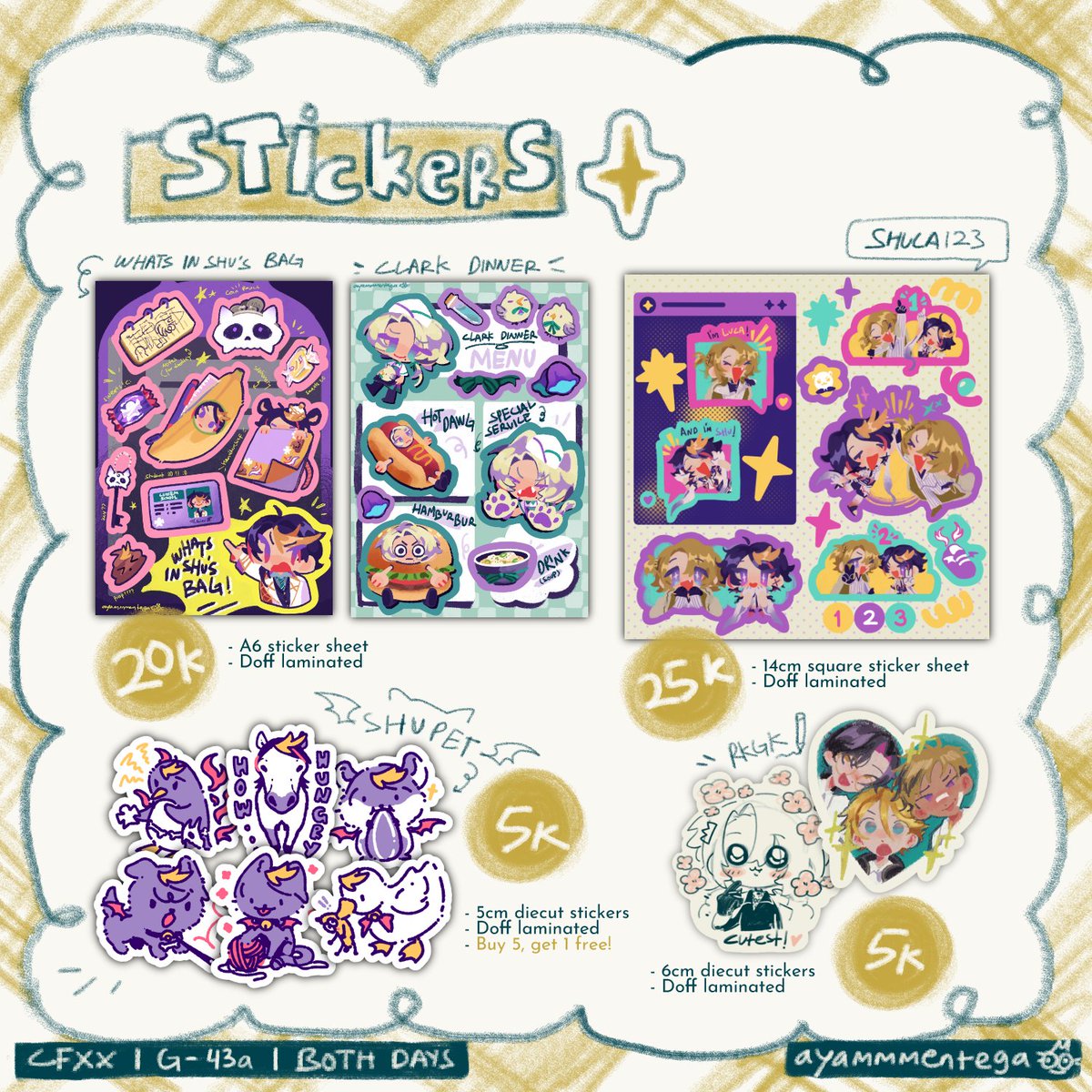 ayammmentega's tweet photo. HAIHAIII!!! here's my final catalog for #CFXX all items in this catalog will available OTS OKIII!!

come visit our table at G-43a and we'll be tabling on both days, see you at CFXX soonge!! 🙋‍♀️

🌈 nijisanji en https://t.co/cSOVsco1Hu