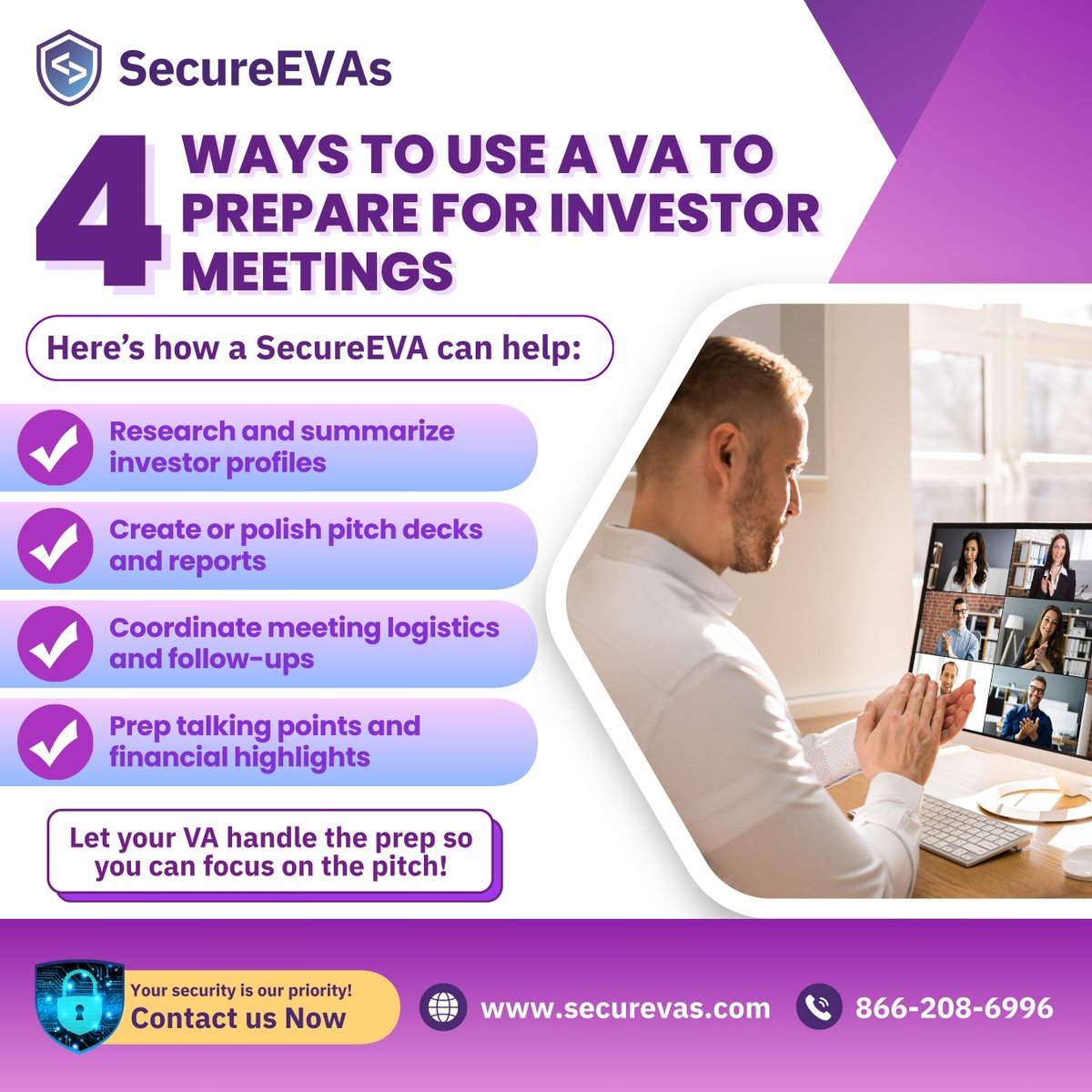 SecureEVAs's tweet photo. 📈 Preparing for Investor Meetings? Don’t Go It Alone.
Secure the support you need to walk in prepared and polished. 💼✨

🔐 Your security is our priority!
📲 Contact us now | 🌐 https://t.co/G2tytvAcjb | ☎ 866-208-6996 https://t.co/RMcWJurb6n
