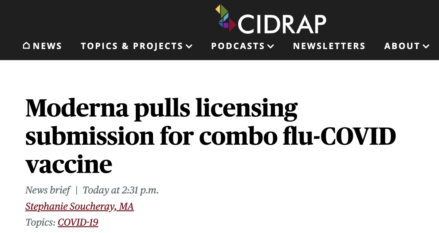 今天, Moderna宣布自愿撤回季节性流感 与新冠mRNA合剂候选疫苗“mRNA-1083”的许可申请, 。解释需花时间准备FDA最近公布的疫苗疗效数据要求，以达到新审批标准。
乐见政策发挥效果👏...