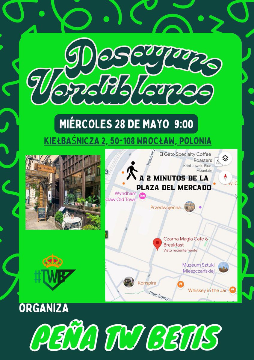 No te puedes perder el #DesayunoVerdiblanco de la Peña Tw Betis en Breslavia ☕️🥞🍳

📅 28 de mayo
⏰ 9:00 
🏘️ Czarna Magia Cafe &amp; Breakfast
💚🤍
#PeñaTwBetis   #BetisAlé #HaciendoBetis