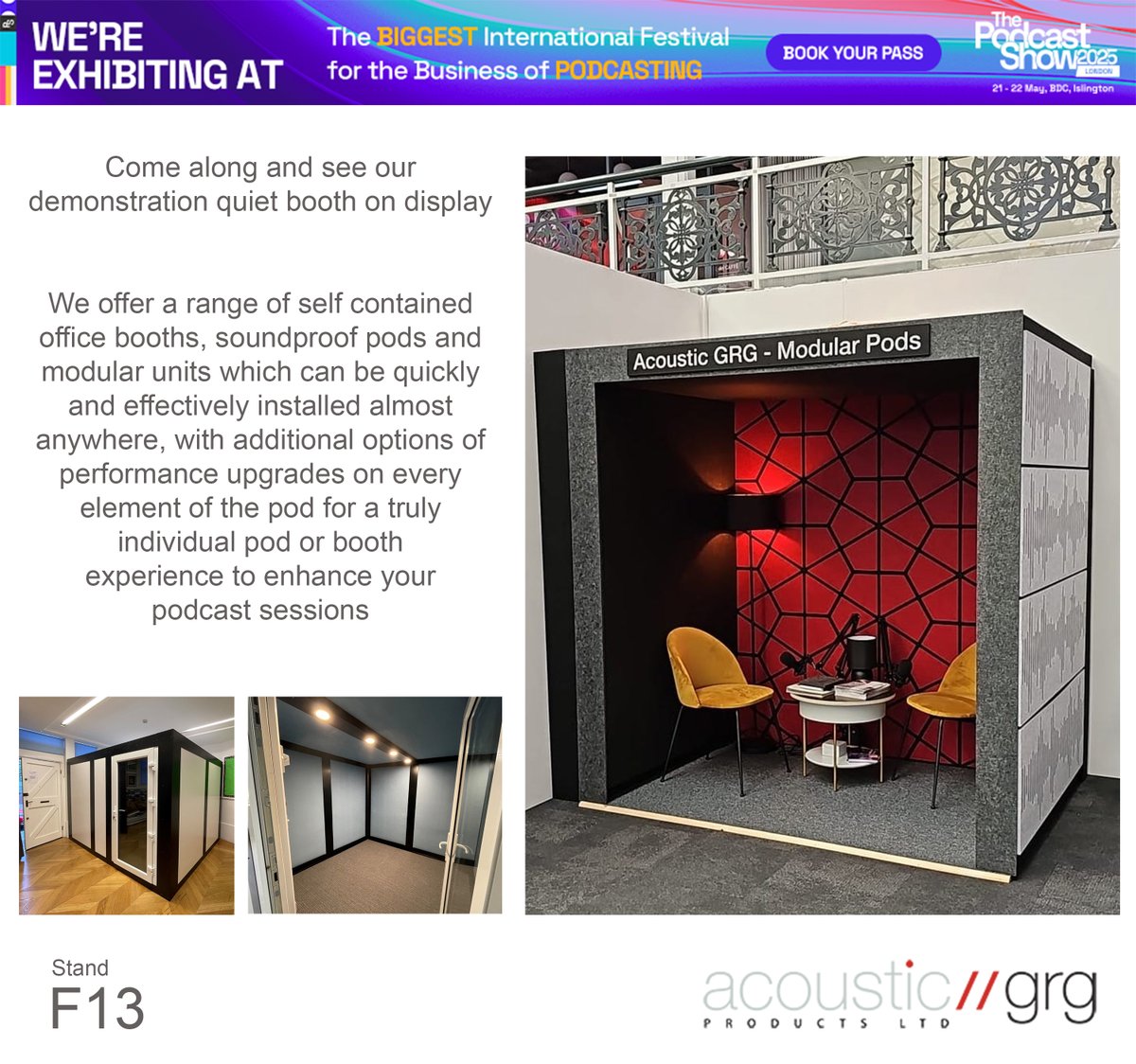 Acoustic_grg's tweet photo. Come along and experience our quiet booth on display on our Stand at @PodcastShowLDN 

We  have lots of options available to improve your podcast sessions  including acoustic panels, quiet booths, soundproof pods and modular units to cater for all budgets

#PodShowLDN https://t.co/IRMO52zQRc
