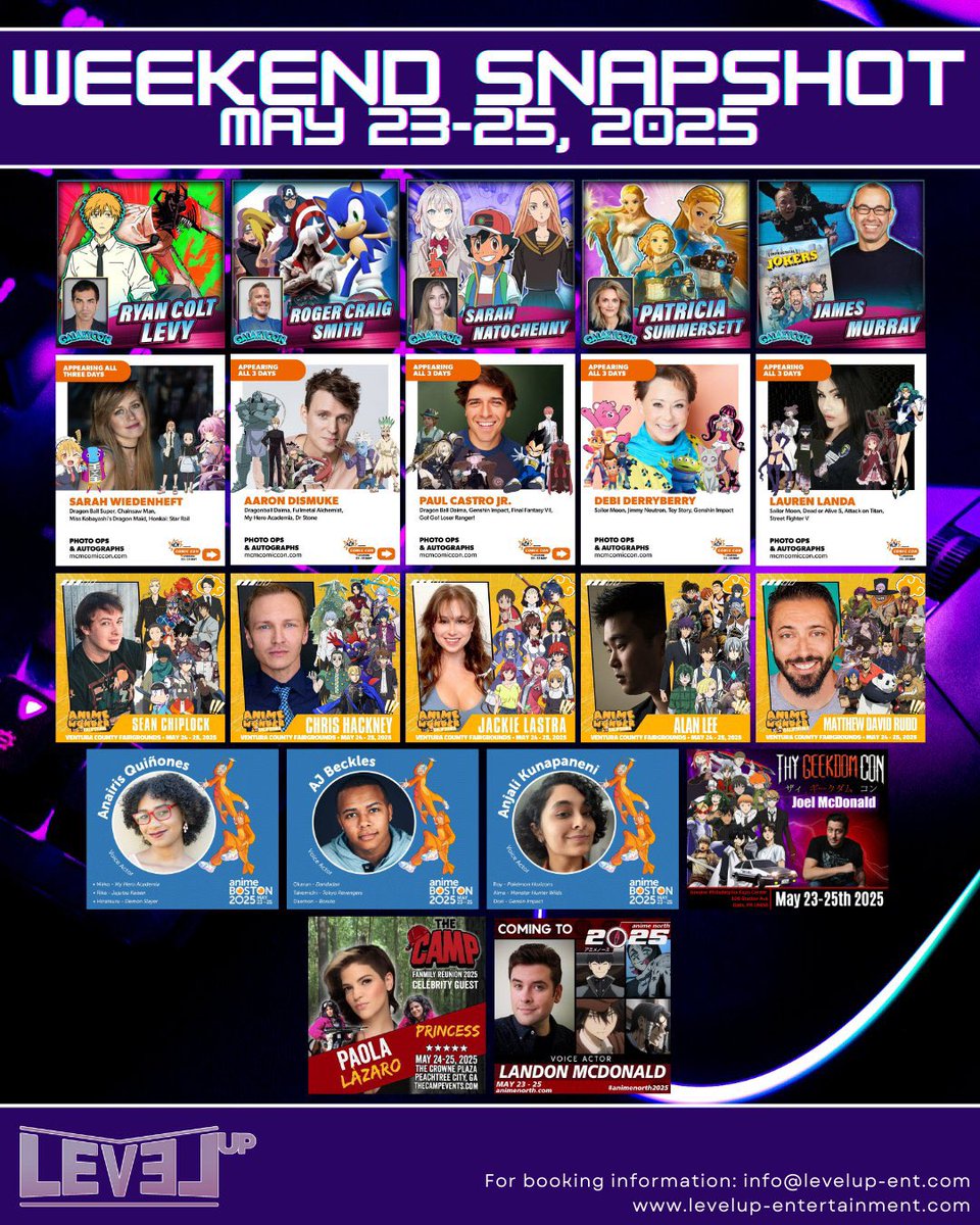 Level Up Entertainment VO (@levelupvo) on Twitter photo Coming this weekend <a href="/ryancoltlevy/">Ryan Colt Levy ⛓️✌🏽</a> <a href="/RogerCraigSmith/">Roger Craig Smith</a> <a href="/Summersett_/">Patricia Summersett 🔜 Galaxycon OKC</a> <a href="/sarahnatochenny/">Sarah Natochenny 🦄</a> @GalaxyCon <a href="/SarahWiedenheft/">Sarah Wiedenheft</a> <a href="/Aaron__Dismuke/">Aaron Dismuke</a> <a href="/PaulCastroJr/">Paul Castro Jr.</a> #debiderryberry #Laurenlanda <a href="/MCMComicCon/">MCM Comic Con</a> <a href="/VAsonicmega/">Sean Chiplock 🔜 Now on 🟦☁️! (MOVED, SEE PIN)</a> <a href="/ChrisHackneyGGK/">Chris Hackney @ Anime Wonder</a> <a href="/JackieLastra/">Jackie Lastra</a> <a href="/AlanLeeVO/">Alan Lee - MOON RISE! ✊️</a> #MatthewDavidRudd <a href="/AnimeWonderFest/">Anime Wonder</a> continue Coming this weekend <a href="/ryancoltlevy/">Ryan Colt Levy ⛓️✌🏽</a> <a href="/RogerCraigSmith/">Roger Craig Smith</a> <a href="/Summersett_/">Patricia Summersett 🔜 Galaxycon OKC</a> <a href="/sarahnatochenny/">Sarah Natochenny 🦄</a> @GalaxyCon <a href="/SarahWiedenheft/">Sarah Wiedenheft</a> <a href="/Aaron__Dismuke/">Aaron Dismuke</a> <a href="/PaulCastroJr/">Paul Castro Jr.</a> #debiderryberry #Laurenlanda <a href="/MCMComicCon/">MCM Comic Con</a> <a href="/VAsonicmega/">Sean Chiplock 🔜 Now on 🟦☁️! (MOVED, SEE PIN)</a> <a href="/ChrisHackneyGGK/">Chris Hackney @ Anime Wonder</a> <a href="/JackieLastra/">Jackie Lastra</a> <a href="/AlanLeeVO/">Alan Lee - MOON RISE! ✊️</a> #MatthewDavidRudd <a href="/AnimeWonderFest/">Anime Wonder</a> continue
