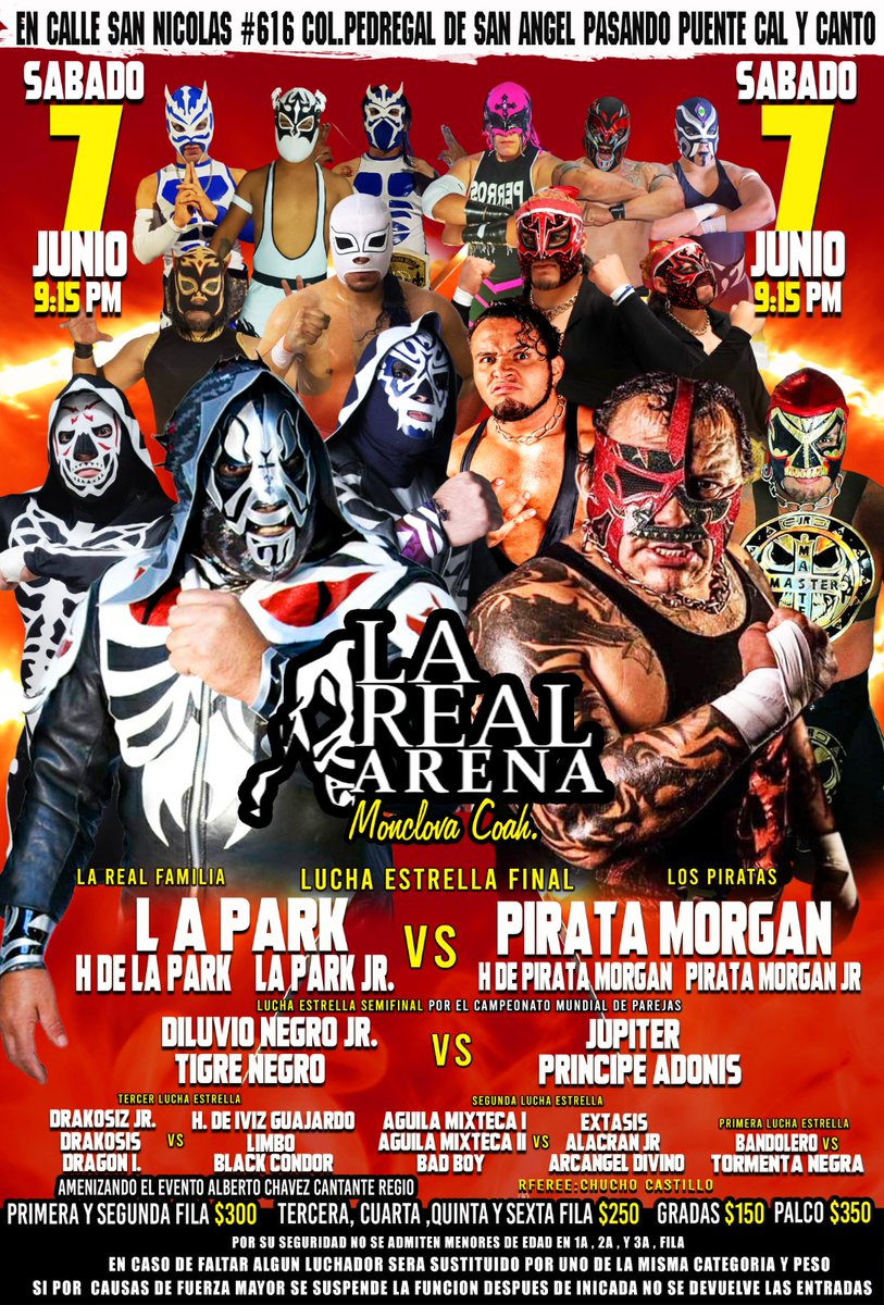 Este 7 de junio en la real arena!
Grandes estrellas presentes!🔥😎 no se lo pueden perder, estén atentos a la página por que aquí se publicara cuando inicie la preventa de boletos para esta función…
L.A. Park presente en la gran lucha estrella!☠️🎇