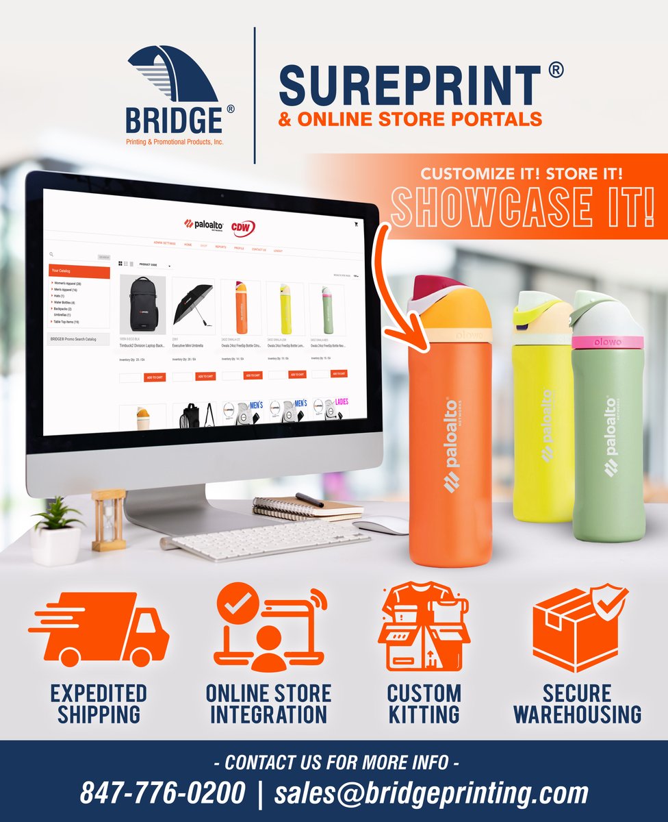 PrintingBridge's tweet photo. Customize, Store, &amp; Showcase Promo Products with BRIDGE®! Take control of your promotional products with SurePrint® Online Store Portals. From personalized merchandise and branded promo items to secure storage and easy online access, BRIDGE® makes branding effortless. https://t.co/nnajDcsD5u