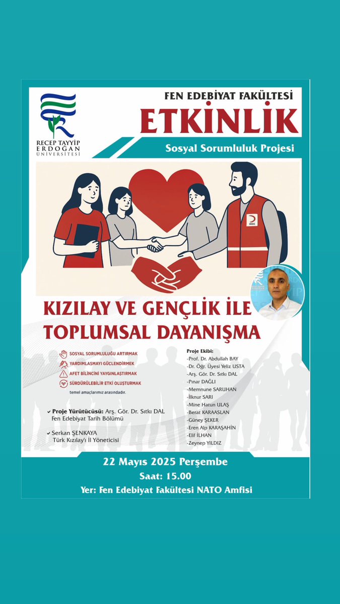 Bölümümüz Arş. Gör. Dr. Sıtkı Dal yürütücülüğünde “Kızılay ve Gençlik ile Toplumsal Dayanışma” adlı Sosyal Sorumluluk Projesi gerçekleştirilecektir. İlgilileri bekleriz. 
🗓️ 22 Mayıs 2022 Perşembe 
📍Fen-Edebiyat Fakültesi NATO Amfisi