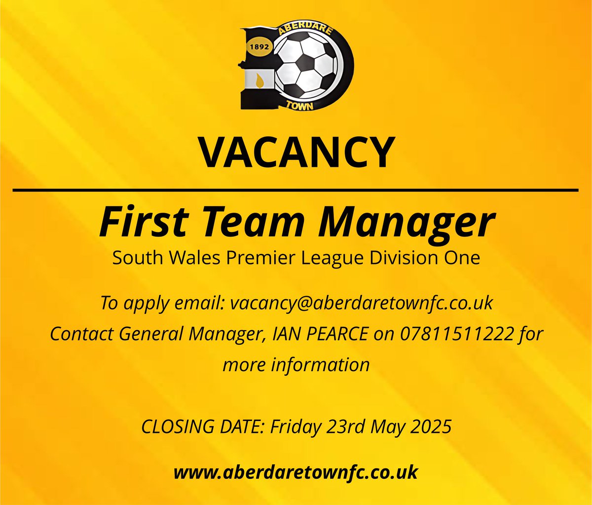 Aberdare Town FC (@aberdaretown) on Twitter photo 🚨Deadline on Friday🚨
Reminder that applications for our managers role closes on Friday.
Get in touch and help shape the future of the club.
☎️ 07811511222
📧 general.manager@aberdaretownfc.co.uk 🚨Deadline on Friday🚨
Reminder that applications for our managers role closes on Friday.
Get in touch and help shape the future of the club.
☎️ 07811511222
📧 general.manager@aberdaretownfc.co.uk