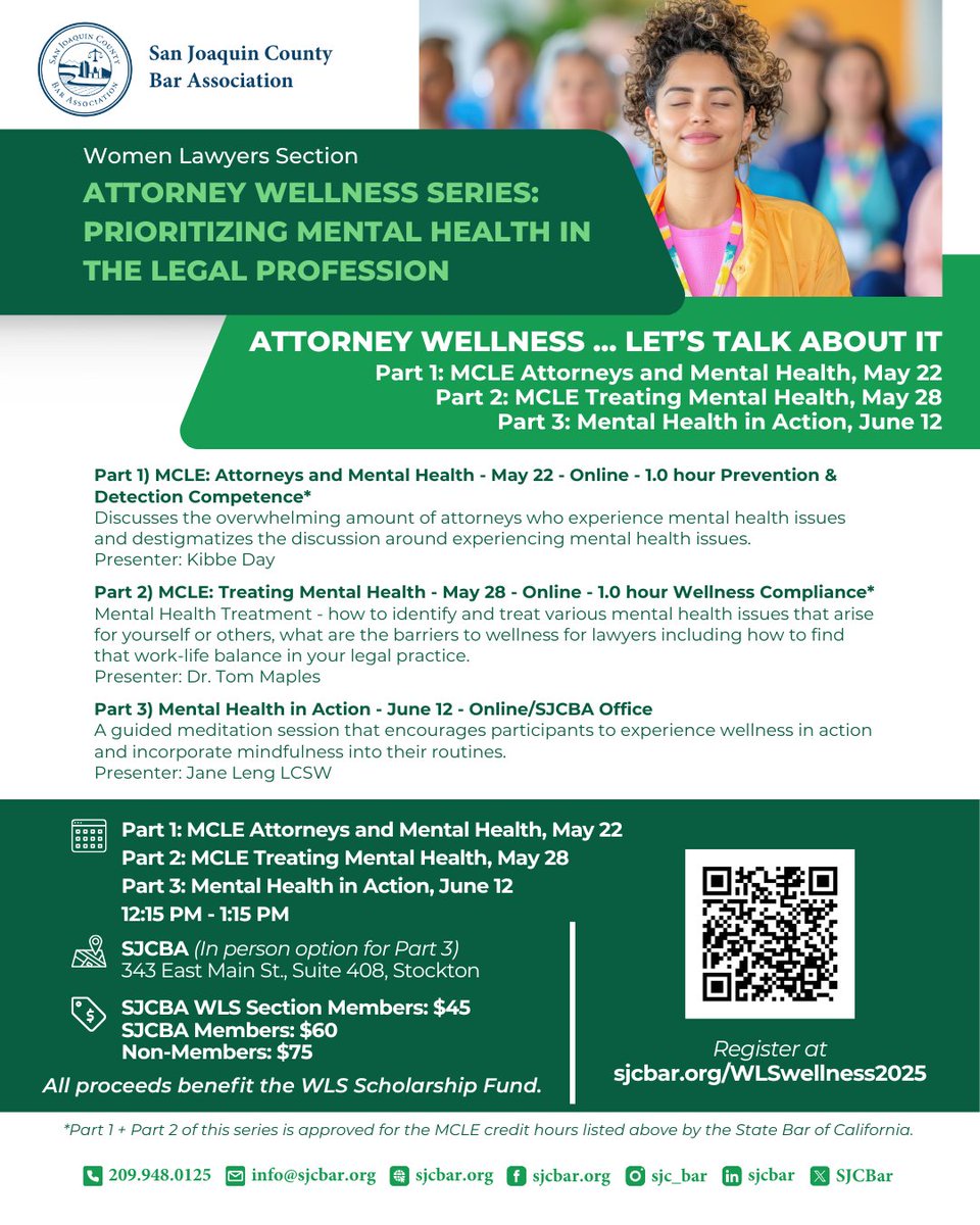 The WLS Attorney Wellness Series kicks off tomorrow, May 22. Part 1 tackles mental health in the legal field and how we can normalize seeking support. MCLE credit available for Parts 1 &amp; 2.

Space is limited. SJCBAR.org/WLSwellness2025!

#SJCBA #SJCBAR #mentalhealth #MCLE