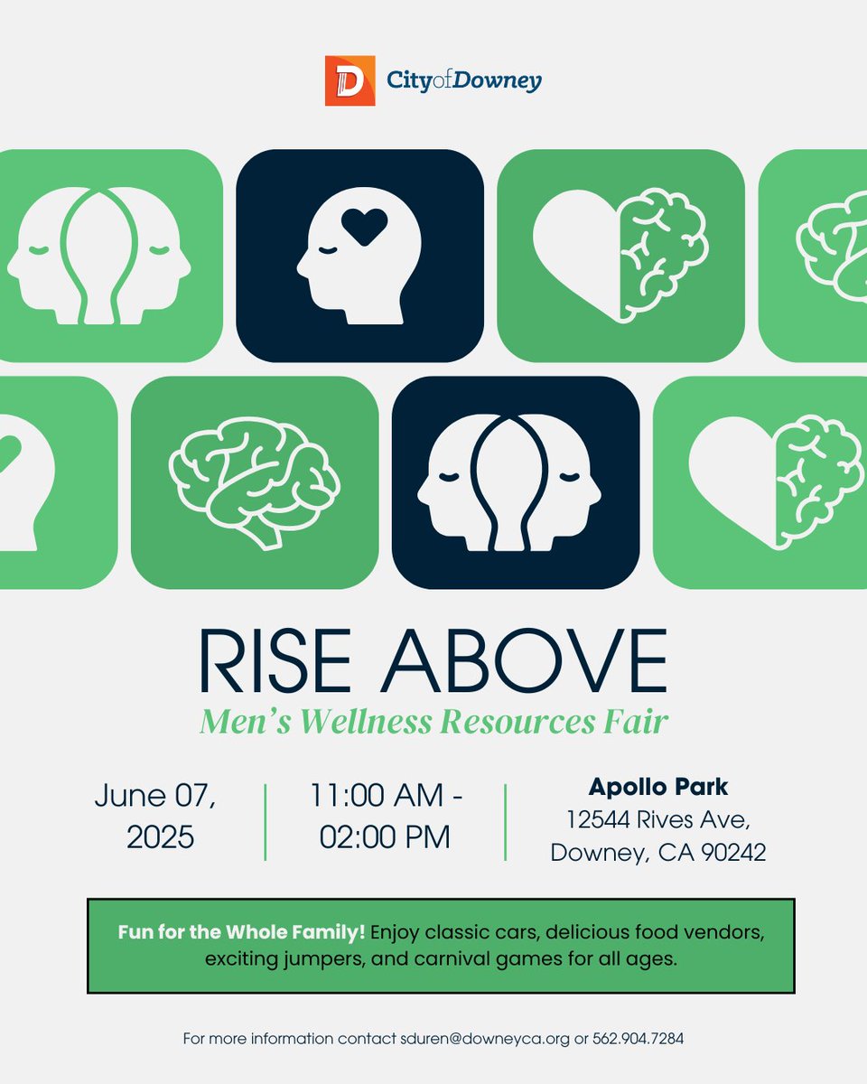 The Men’s Wellness Resources Fair will be held on Saturday, June 7, at Apollo Park, offering access to wellness resources, local services, and activities for the whole family.

For more information, call 562.904.7284.

#CityofDowney #DowneyCA #MensMentalHealth