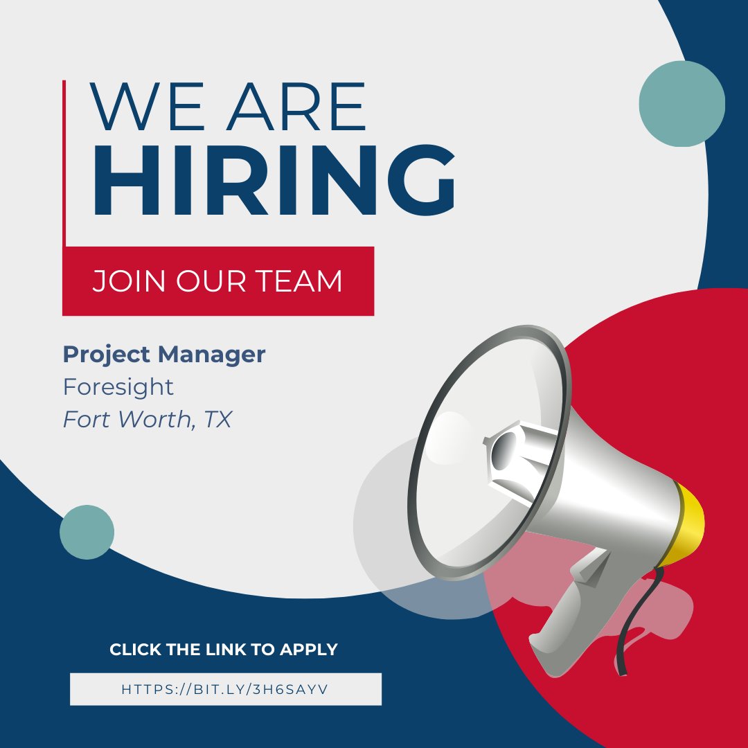 We're Hiring!
Foresight is looking for a Project Manager to join our team in Fort Worth, TX. If you or someone you know is interested, click the link below to apply.
bit.ly/43vRYpx
We'd love the opportunity to work with you!