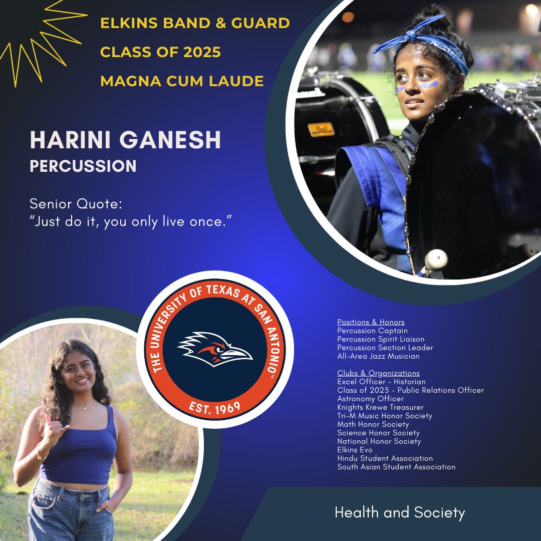Congratulations to EHS Band Senior &amp; Percussion Captain, Harini Ganesh! 💙💛