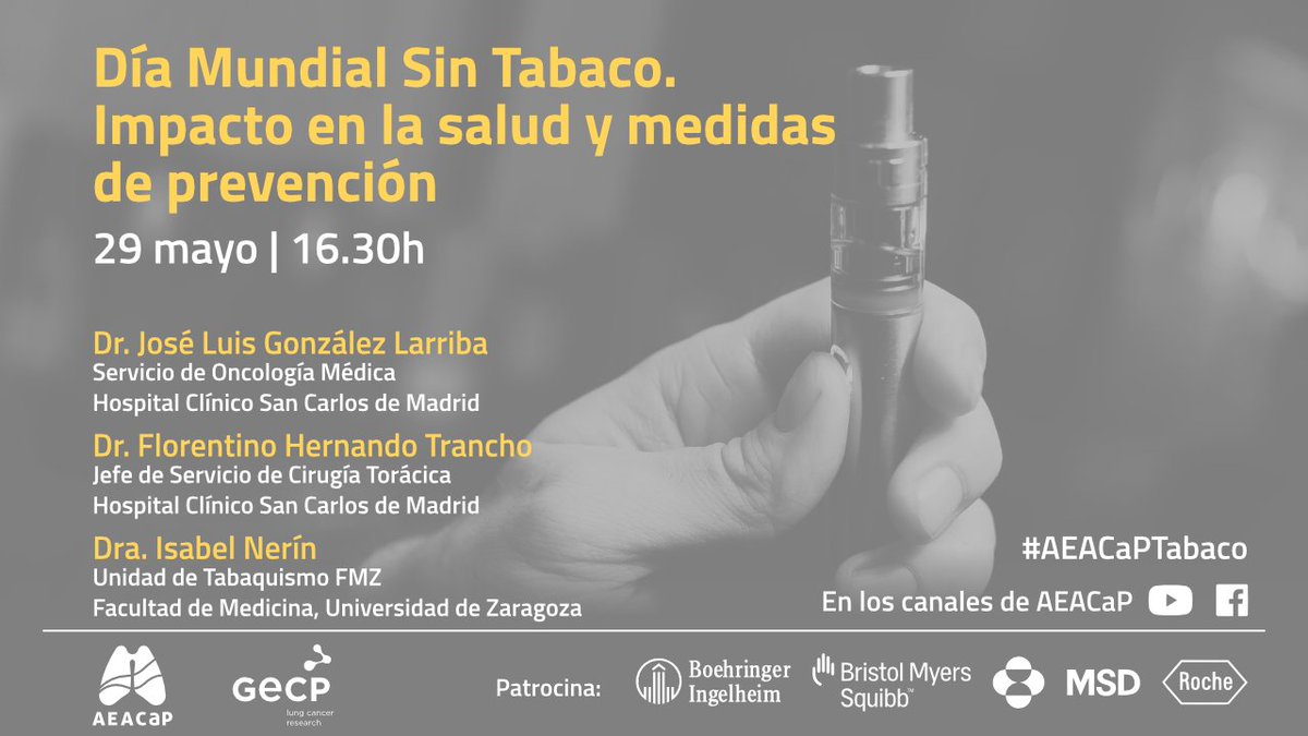 Cáncer de Pulmón (@aeacap) on Twitter photo 🔵🚭 <a href="/AEACaP/">Cáncer de Pulmón</a> ha organizado el seminario web 'Día Mundial Sin Tabaco. Impacto en la #salud y medidas de prevención'
➡️ Con la participación de:
🔹Dr. José Luis González Larriba
🔹Dr. Florentino Hernando Trancho
🔹Dra. Isabel Nerín
🗓️ 29 mayo
🕟 16.30h
ℹ️bit.ly/AEACaP-seminar… 🔵🚭 <a href="/AEACaP/">Cáncer de Pulmón</a> ha organizado el seminario web 'Día Mundial Sin Tabaco. Impacto en la #salud y medidas de prevención'
➡️ Con la participación de:
🔹Dr. José Luis González Larriba
🔹Dr. Florentino Hernando Trancho
🔹Dra. Isabel Nerín
🗓️ 29 mayo
🕟 16.30h
ℹ️bit.ly/AEACaP-seminar…