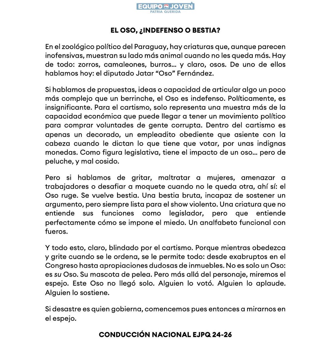 Mientras la Contraloría gana poder para chantajear intendentes, el circo en el Congreso se impone con fuerza. El cartismo nos demostró una vez más que siempre se puede caer más bajo. Y Santiago Peña? En Japón. Pero claro… juguemos en el bosque, mientras el presidente no está. 🎪