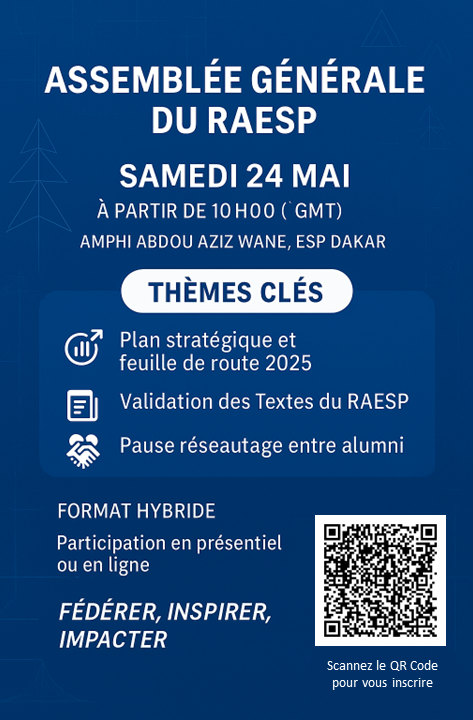 esp_alumni's tweet photo. 📣 J-3 avant l’Assemblée Générale du RAESP
📅 Sam. 24 mai | 🕙 10h GMT
📍 ESP Dakar | 🌐 Format hybride
📌 Textes à jour, vision commune, feuille de route 2025.
🤝 Polytechnicien un jour, toujours.
🔗 Inscrivez vous : https://t.co/BgtehsHno4
#RAESP #AlumniESP https://t.co/KHTgnfAnxH