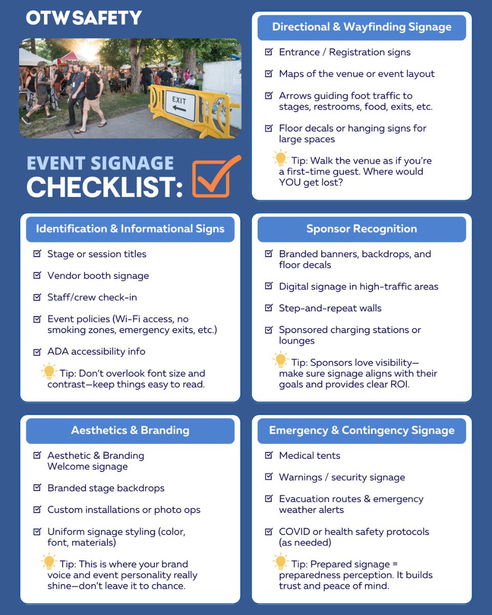 OTWSafety's tweet photo. 🪧 A smooth #event starts and ends with the right #signage. Do you have your bases covered?

Here's a helpful checklist from OTW #Safety to help you prepare for your next event.

Crowd control and event signage all in one place? Now that's convenient! ➡ https://t.co/qJ5FMMxsCn https://t.co/MEngrxRUIM