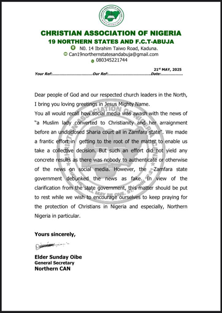 The Christian Association of Nigeria (CAN) has issued a statement debunking the false and unfounded claims about the imaginary Zainab Mahmud, a story irresponsibly published by LIARS REPORTERS (<a href="/SaharaReporters/">Sahara Reporters</a>).