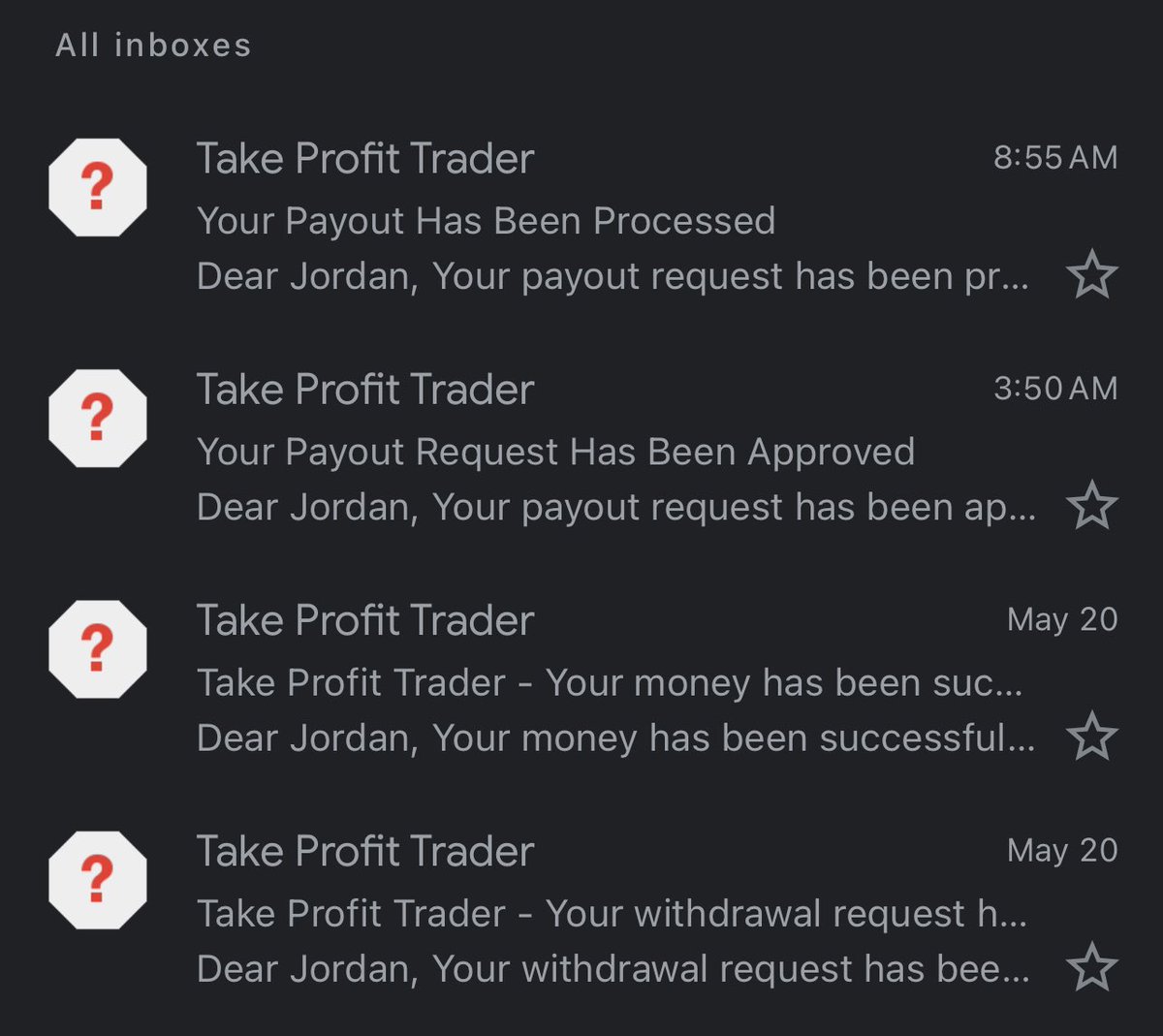 Best payout system in the industry🏆

Nothing compares to Take Profit Trader’s daily payouts⚡️

No minimum trading days, just build your buffer and get paid✅

For a limited time use code HT4L for 30% off + NO Activation Fee🚀