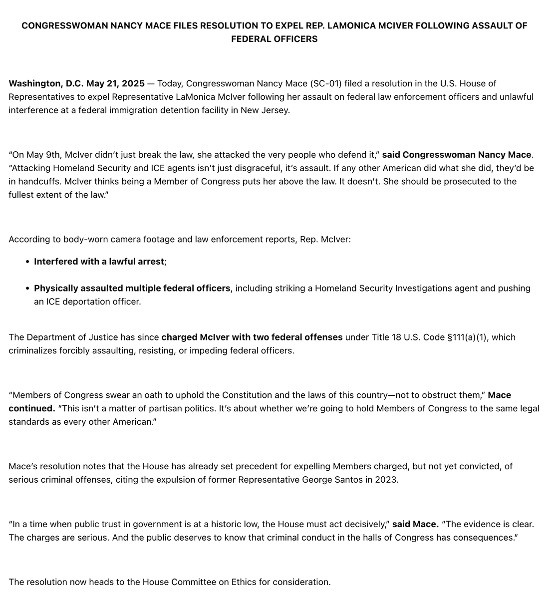 JUST IN: Congresswoman Nancy Mace has officially filed a resolution to expel Rep. LaMonica McIver after she was caught on video assaulting federal officers outside an ICE detention facility in New Jersey.