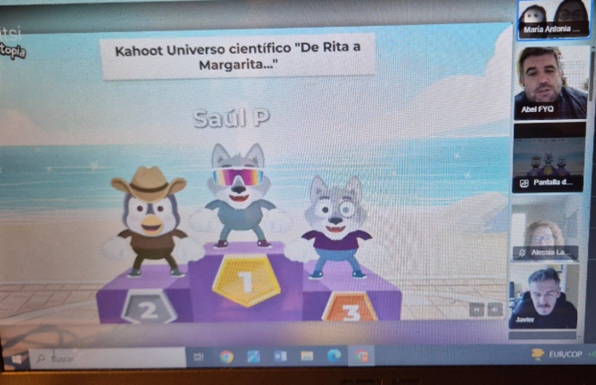 Videoconferencia final del proyecto <a href="/eTwinning_es/">eTwinning España</a> #DeRitaAMargarita con el Kahoot "Universo científico De Rita a Margarita..." participando los alumnos del IES Palomeras-Vallecas, <a href="/iessantateresa/">ies.santateresa</a>, IISS Leonardo Da Vinci e <a href="/IESCervantes1/">IES Cervantes</a>!
¡GRACIAS A TODOS!
<a href="/fyq_abel/">Abel</a>
<a href="/javirorigo/">Javier Rodríguez</a>