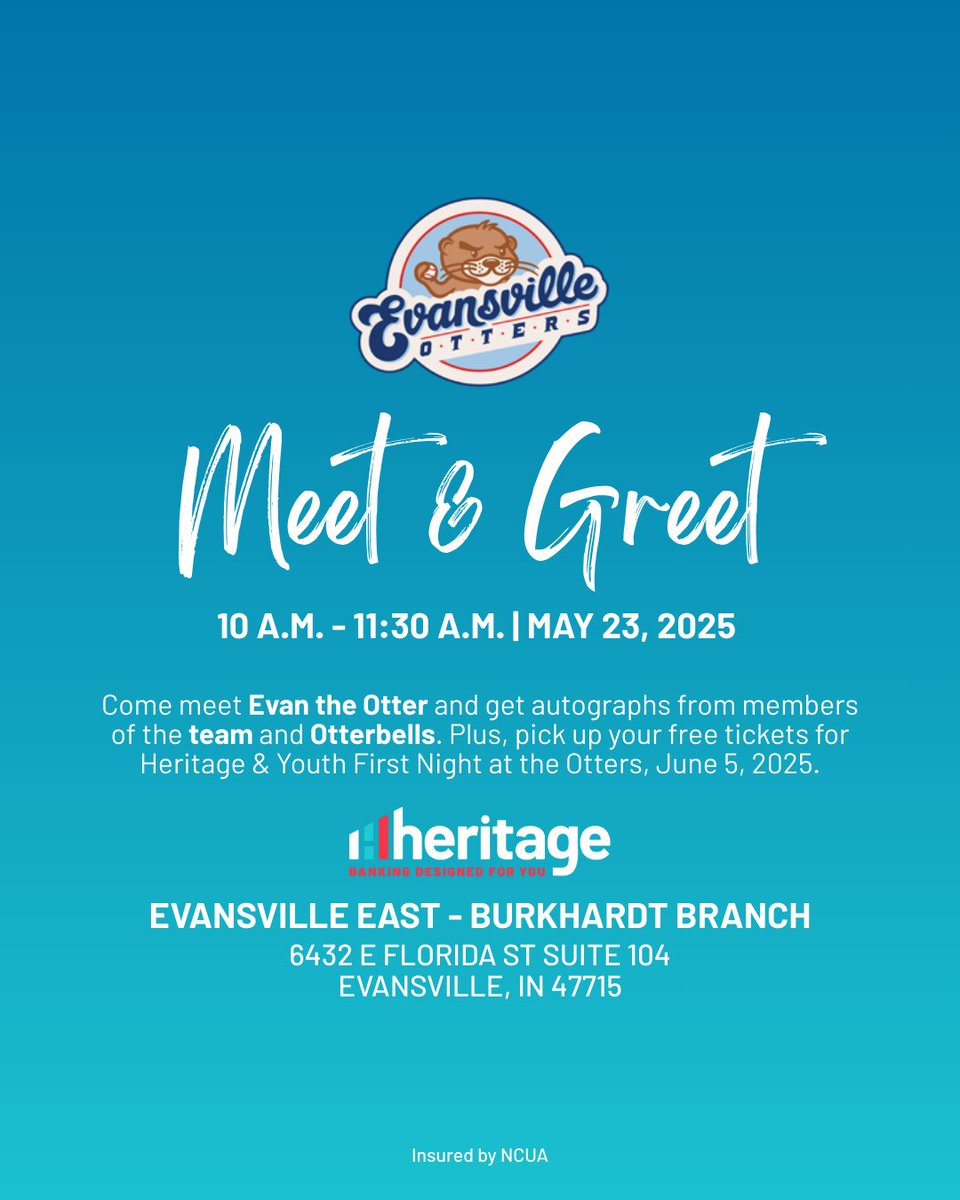 Evansville Otters Meet &amp; Greet 🤩 Come meet Evan the Otter and get autographs from members of the team and Otterbells from 10 a.m. to 11:30 a.m. this Friday, May 23rd, at our Evansville East - Burkhardt Branch 🤗⚾  #Heritage
