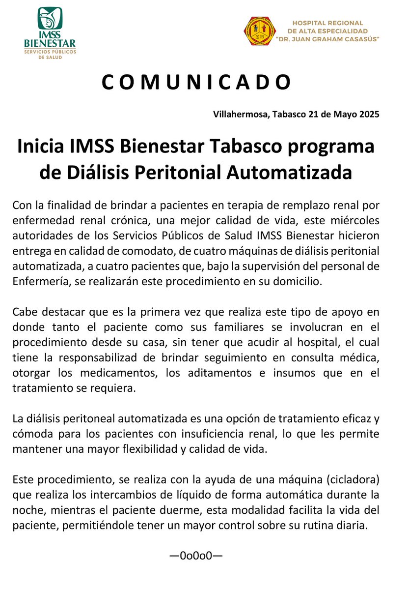 DrJuanGraham's tweet photo. Inicia IMSS Bienestar Tabasco programa de Diálisis Peritonial Automatizada
https://t.co/fp6nNYaeVr https://t.co/mD0EukQPhw