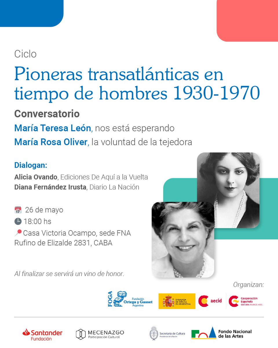 ¡Nuevo encuentro del ciclo "Pioneras"! 
Esta vez dedicado a María Teresa León y María Rosa Oliver, figuras claves en la cultura y la política de su tiempo.

🗓 Lunes 26/05 – 18 h
📍Rufino de Elizalde 2831, CABA (Casa de Victoria Ocampo)
💫Actividad no arancelada

¡Los esperamos!