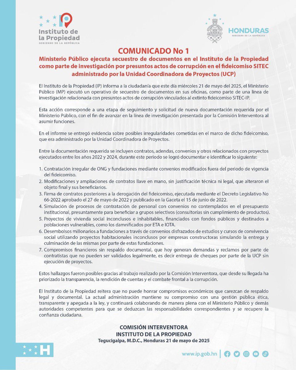 El Ministerio Público ejecuta secuestro de documentos 📄 en las oficinas del Instituto de la Propiedad, como parte de una investigación por presuntos actos de corrupción en el fideicomiso SITEC, administrado por la Unidad Coordinadora de Proyectos (UCP).

#MinisterioPúblico