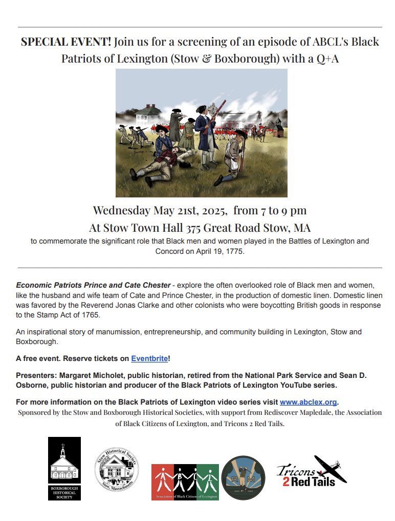 Mapledale1926's tweet photo. TODAY! Screening of an episode ABCL's Black Patriots of Lexington (Stow &amp; Boxborough). @ StowTownHall to commemorate the role that Black men+women played in the Battles Lexington/Concord in 1775 @FreedomsWayNHA #stowhistoricalsociety #boxboroughhistoricalsociety #tricons2redtails https://t.co/zPinBDXJVd