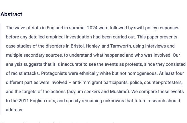 John Drury (@profjohndrury) on Twitter photo New pre-print - the first empirical study of the 2024 summer riots, case studies of Bristol, Stoke, & Tamworth detailing the sequence of events, who was involved, and targets
Funded by <a href="/UKRI_News/">UK Research and Innovation</a>
qeios.com/read/17ASAP New pre-print - the first empirical study of the 2024 summer riots, case studies of Bristol, Stoke, & Tamworth detailing the sequence of events, who was involved, and targets
Funded by <a href="/UKRI_News/">UK Research and Innovation</a>
qeios.com/read/17ASAP