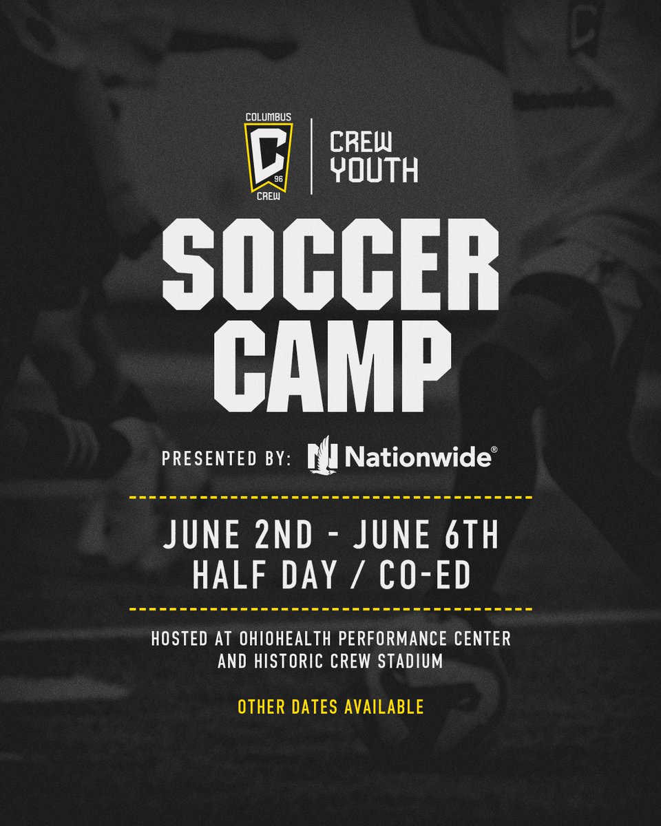 Crew Youth (@thecrewyouth) on Twitter photo Almost camp season 🔜
Don’t miss out on our summer camps kicking off on June 2nd and running through August 8th at <a href="/CrewStadium/">Historic Crew Stadium</a>! Register the youth athlete in your life for our first week of half day camp now to get the summer started off right ⬇️
🔗: cbuscrew.com/Camps25 Almost camp season 🔜
Don’t miss out on our summer camps kicking off on June 2nd and running through August 8th at <a href="/CrewStadium/">Historic Crew Stadium</a>! Register the youth athlete in your life for our first week of half day camp now to get the summer started off right ⬇️
🔗: cbuscrew.com/Camps25