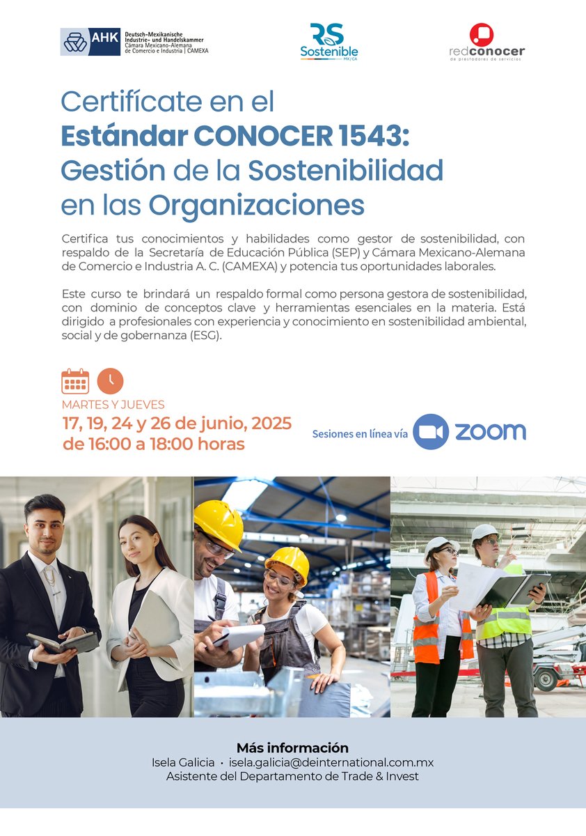 AHK Mexiko | CAMEXA (@ahkmexikocamexa) on Twitter photo Certifíquese como Gestor de Sostenibilidad (Estándar CONOCER 1543) y lidere proyectos ESG.
📅 17, 19, 24, 26 jun
🕓 16–18 h | Zoom
📩 Info: isela.galicia@deinternational.com.mx
Tel. 55 1500 5900
#Sostenibilidad #ESG
#PartnerEnMéxico Certifíquese como Gestor de Sostenibilidad (Estándar CONOCER 1543) y lidere proyectos ESG.
📅 17, 19, 24, 26 jun
🕓 16–18 h | Zoom
📩 Info: isela.galicia@deinternational.com.mx
Tel. 55 1500 5900
#Sostenibilidad #ESG
#PartnerEnMéxico