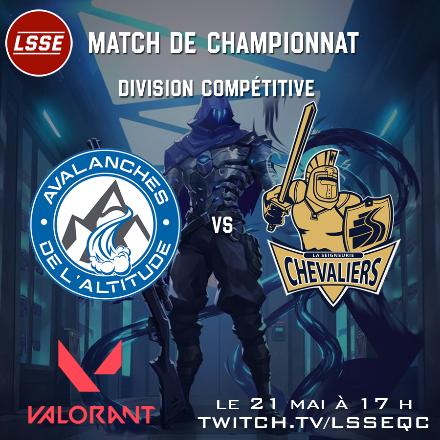 On termine cette belle saison Hiver 2025 avec la grande finale de Valorant!

Les Avalanches #1 de l’école de l’Altitude c. Les Chevaliers de l’école secondaire de la Seigneurie.
#LSSEqc #FQSE