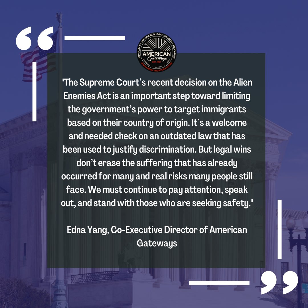 ⚖️The Supreme Court’s decision on the Alien Enemies Act is a major step toward limiting discriminatory policies against immigrants. But the work isn’t over—real risks remain, and we must keep speaking out.

🔗 More info: abcnews.go.com/amp/Politics/s…

#SCOTUS #AmericanGateways