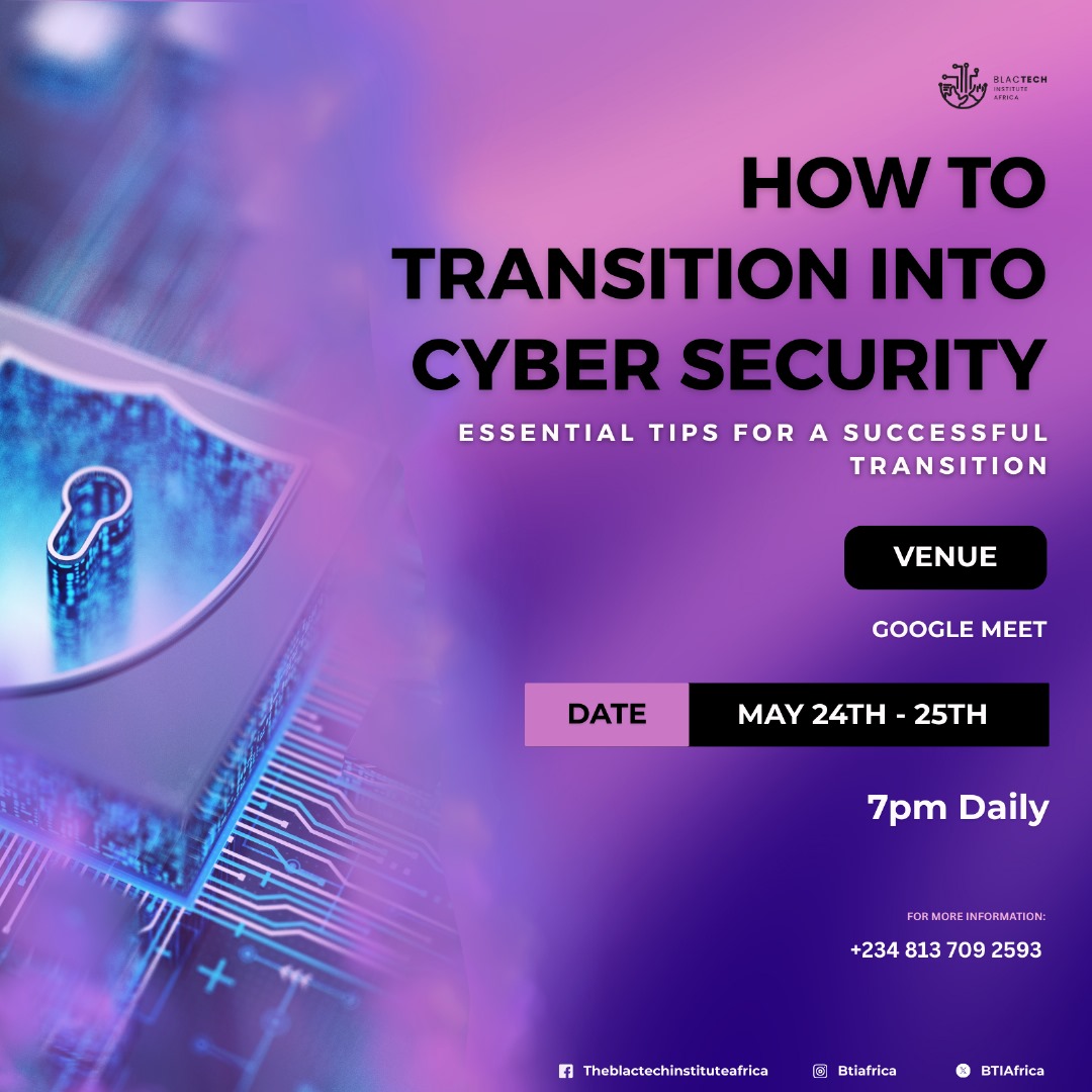 BTIAfrica's tweet image. Thinking of a career in #Cybersecurity?
Join our FREE 2-day virtual workshop – no tech background needed!
🗓 May 24–25 | ⏰ 7PM | 🌐 Google Meet
Kickstart your journey now
Join: chat.whatsapp.com/FCBmdu866Zb7FL…
#TransitionToTech #CyberJobs #BTIAfrica #TechAfrica #FreeWorkshop
#UELfinal