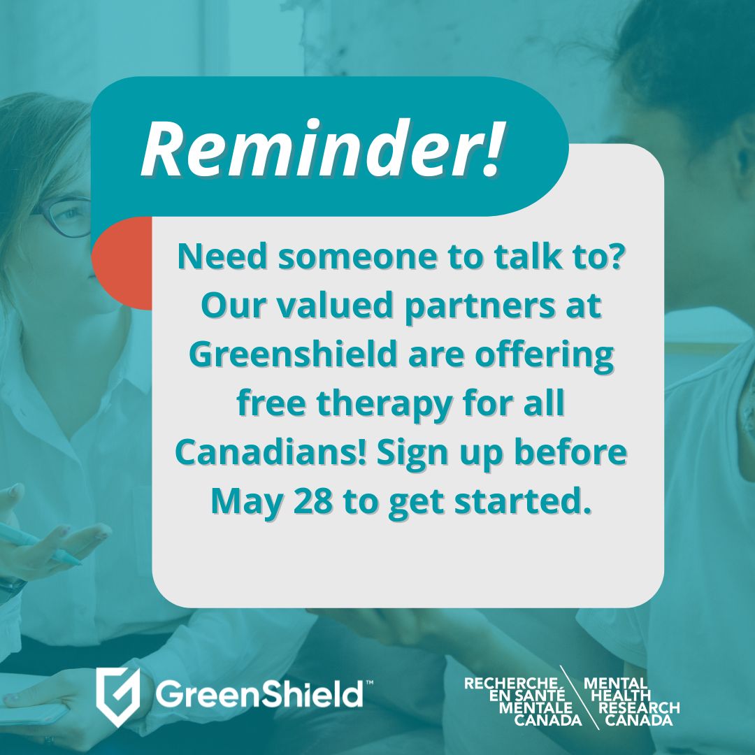Mental Health Research Canada (@mhrcanada) on Twitter photo Reminder: Don’t miss your chance to access free therapy from our partners at <a href="/GreenShieldCo/">GreenShield</a> ! Sign up before May 28 to receive:
💬 Two private therapy sessions with a licensed therapist
🧠 Two-month unlimited access to a digital CBT platform
greenshield.ca/en-ca/canadian… Reminder: Don’t miss your chance to access free therapy from our partners at <a href="/GreenShieldCo/">GreenShield</a> ! Sign up before May 28 to receive:
💬 Two private therapy sessions with a licensed therapist
🧠 Two-month unlimited access to a digital CBT platform
greenshield.ca/en-ca/canadian…