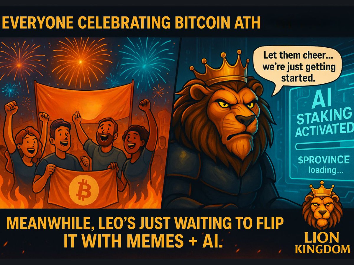 province_Ai's tweet photo. Bitcoin Hit ATH…
🦁Leo already planning the next throne to conquer. 👑
While the world parties, we’re building the next meme- Leo kingdom.
PROVINCE - $PIN $Leo
#ProvinceToken #BitcoinATH #LeoBuilds #CryptoWithVision #AIMemeKingdom #NextUp https://t.co/jMZZM1Rmgt