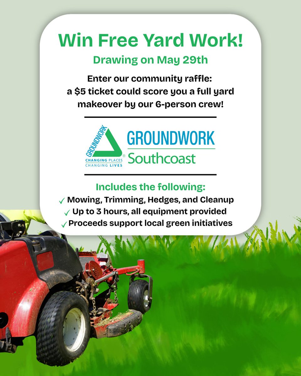 🌿 Win FREE Yard Work from GWSC's Green Team! 🎟️
Our Green Team is running a legacy project–a youth-led effort to create lasting positive change in Southcoast MA 💚 Enter our raffle for a chance to win a yard cleanup! 
🎟️ $5/ticket
📅 Drawing on May 29 
tinyurl.com/3f3tefjz