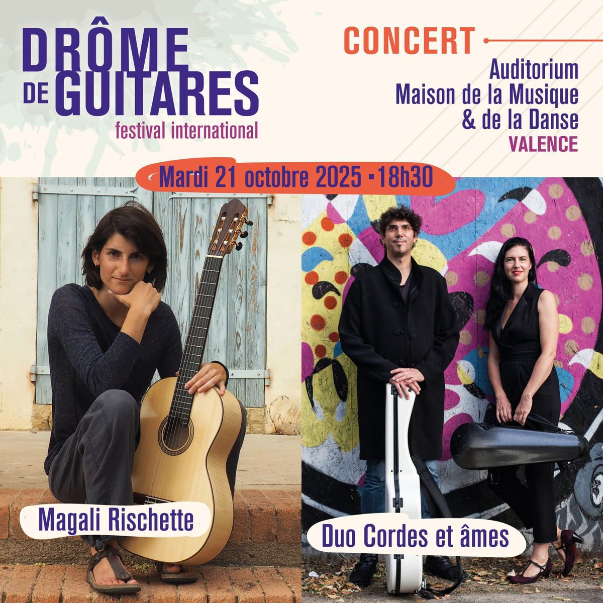 Au programme du 2ème concert de la 9ème édition du festival International Drôme de Guitares, nous aurons le plaisir d'écouter le récital de Magali RISCHETTE, suivi de celui du duo CORDES ET ÂMES (Olivier PELMOINE à la guitare et Sara CHENAL au violon)