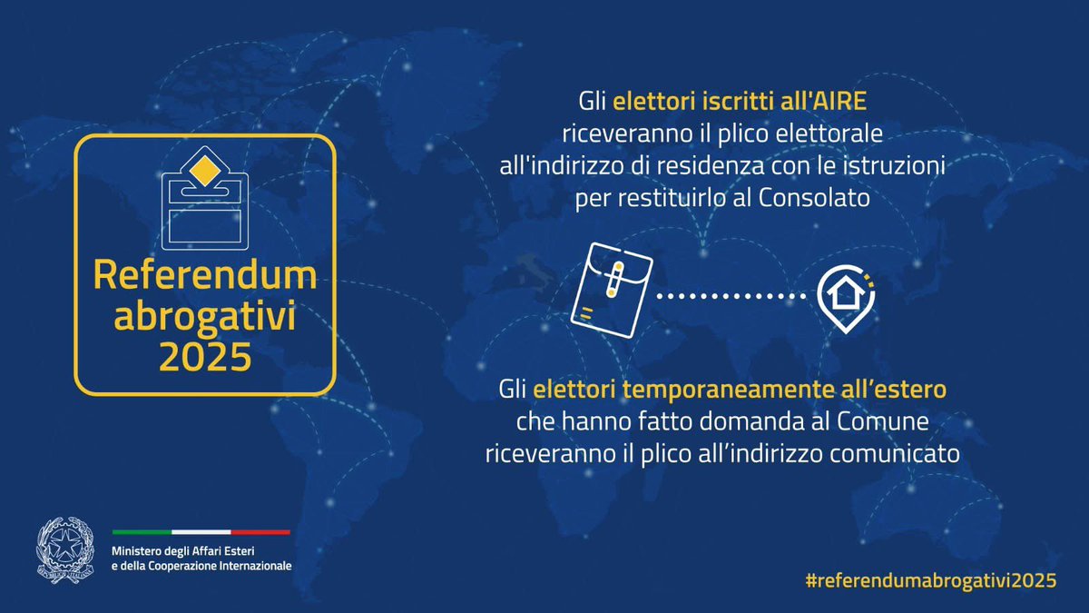 🗳️ #Referendumabrogativi2025 

📨 È in corso la spedizione delle schede elettorali! Se non hai ricevuto il plico elettorale potrai richiedere un duplicato a partire dal 25 maggio al tuo Consolato di riferimento.
👇 

esteri.it/it/sala_stampa…