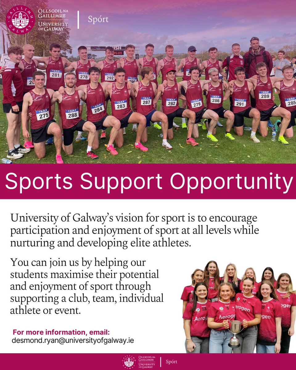 unigalwaysport's tweet image. 🚨 We’re seeking supporters!
With 40+ clubs & thousands of students in sport, the University of Galway is thriving. 🏃♀️🏐
Great opportunities for alumni & businesses to support athletes, teams & events.
📩 Email: desmond.ryan@universityofgalway.ie to learn more!