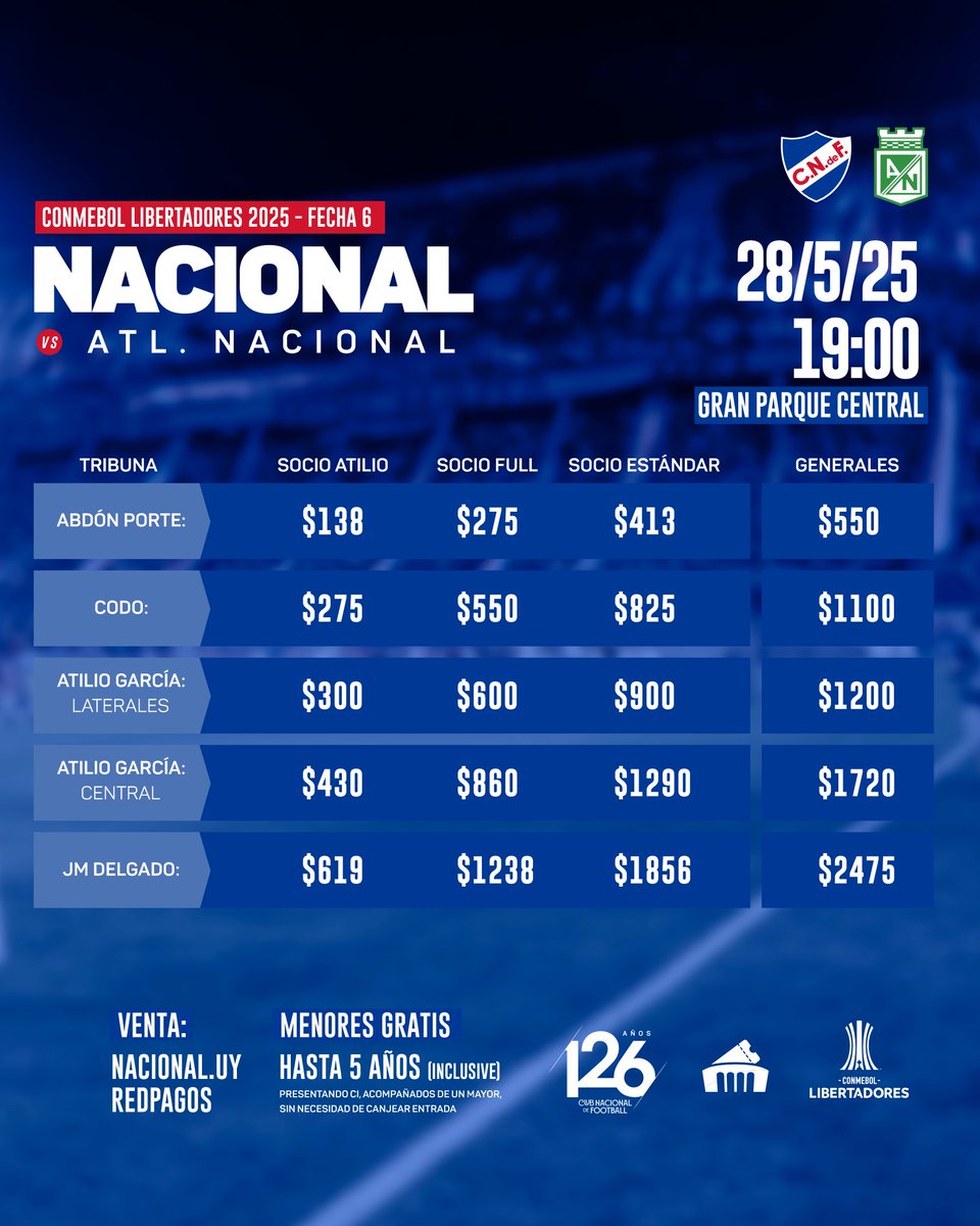Nacional (@nacional) on Twitter photo 🎟️ 𝗘𝗡𝗧𝗥𝗔𝗗𝗔𝗦 🆚 𝗔𝗧𝗟𝗘́𝗧𝗜𝗖𝗢 𝗡𝗔𝗖𝗜𝗢𝗡𝗔𝗟 🇨🇴
🏆 <a href="/Libertadores/">CONMEBOL Libertadores</a>
⚽️ Fecha 6️⃣ Fase de Grupos
📲 Ya se encuentran habilitadas las entradas para el partido del miércoles 28/5 en el Gran Parque Central 🏟️
ℹ️ Operativa y preferencia de venta 👇🏼
➡️ Conseguí la tuya 🎟️ 𝗘𝗡𝗧𝗥𝗔𝗗𝗔𝗦 🆚 𝗔𝗧𝗟𝗘́𝗧𝗜𝗖𝗢 𝗡𝗔𝗖𝗜𝗢𝗡𝗔𝗟 🇨🇴
🏆 <a href="/Libertadores/">CONMEBOL Libertadores</a>
⚽️ Fecha 6️⃣ Fase de Grupos
📲 Ya se encuentran habilitadas las entradas para el partido del miércoles 28/5 en el Gran Parque Central 🏟️
ℹ️ Operativa y preferencia de venta 👇🏼
➡️ Conseguí la tuya