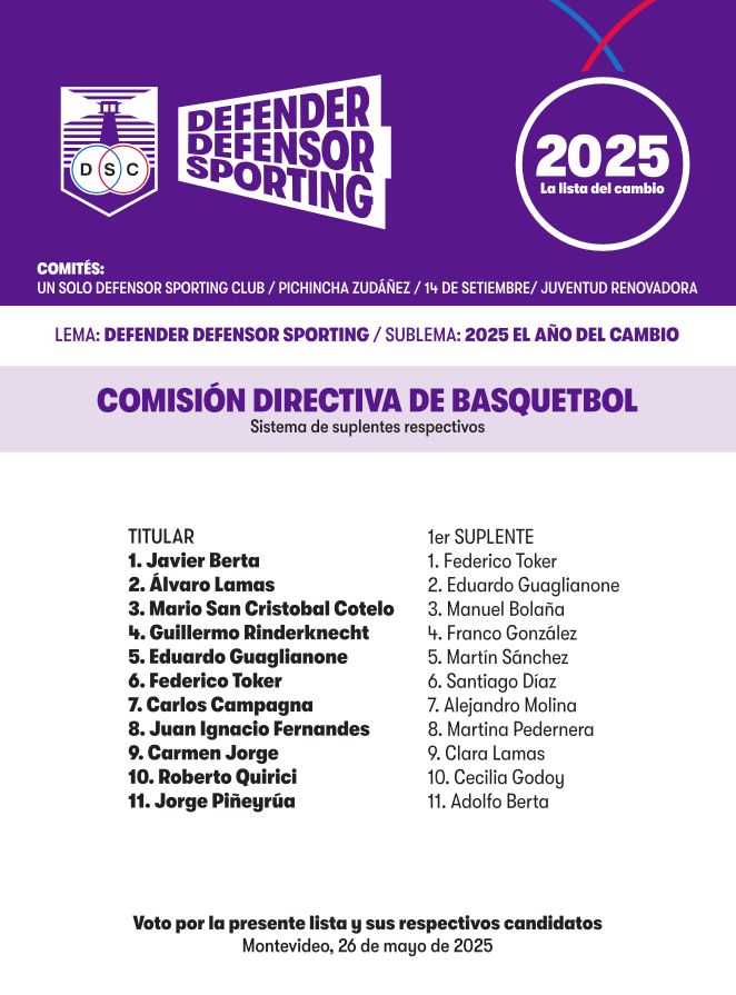 Juntos somos La 2025 y vamos a Defender Defensor Sporting

#DefenderDefensorSporting #Lista2025
<a href="/DiegoFranzini2/">Diego Franzini</a>
<a href="/MiguelFranco95/">Miguel Franco</a>
<a href="/ElPineyrua/">El Piñe</a>
<a href="/TuertoMarino/">Emiliano Berriel</a>