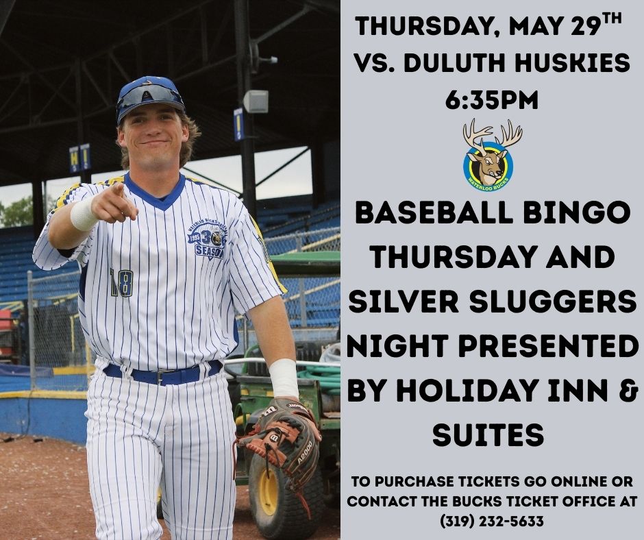 Thursday night fun at Riverfront Stadium! Join us May 29th at 6:35pm for Baseball BINGO and Silver Sluggers Night, presented by Holiday Inn &amp; Suites! Play to win, cheer on the Bucks, and enjoy a great night at the ballpark!

waterloo-bucks.nwltickets.com/SingleGame/Tic…