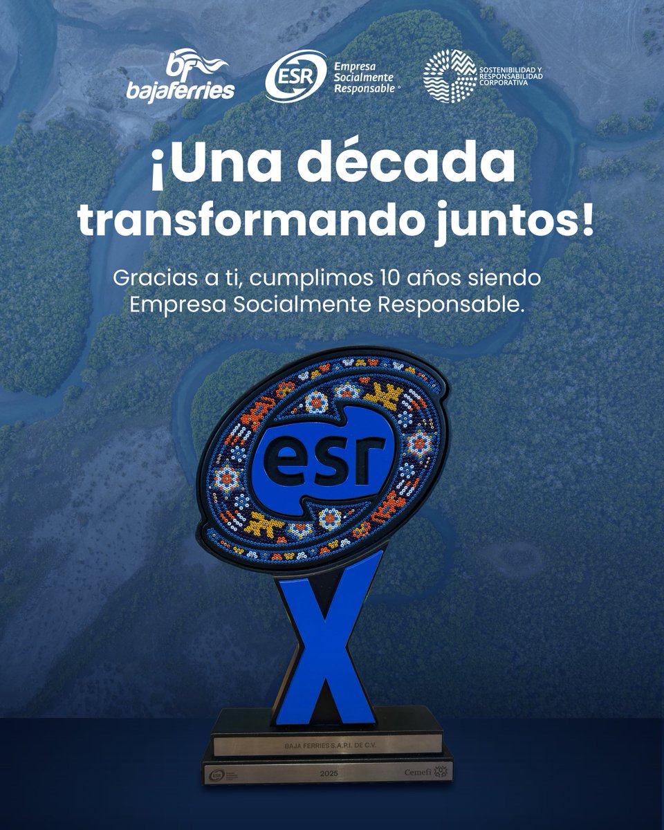 Baja Ferries Oficial (@bajaferries) on Twitter photo 💚 ¡Cumplimos 10 años como Empresa Socialmente Responsable!
Recibimos el distintivo #ESR por parte de <a href="/Cemefi/">Centro Mexicano para la Filantropía</a>, reafirmando nuestro compromiso con una operación ética y con impacto positivo. #BajaFerries #10AñosESR #ResponsabilidadSocial 💚 ¡Cumplimos 10 años como Empresa Socialmente Responsable!
Recibimos el distintivo #ESR por parte de <a href="/Cemefi/">Centro Mexicano para la Filantropía</a>, reafirmando nuestro compromiso con una operación ética y con impacto positivo. #BajaFerries #10AñosESR #ResponsabilidadSocial