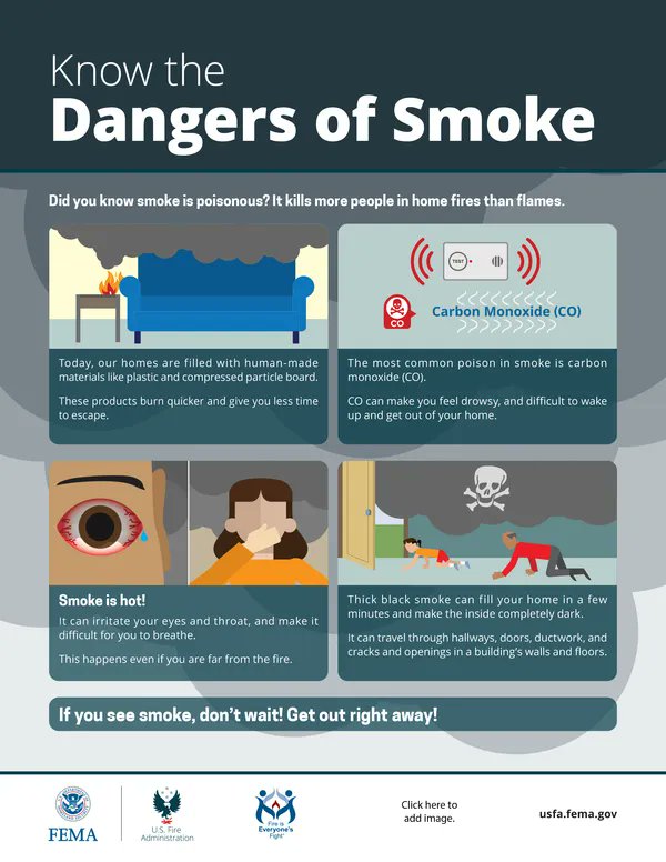 If you see smoke in your home, don't wait! Get out right away! 

Like fire, smoke is hot, black, and poisonous. It kills more people in home fires than flames.  

usfa.fema.gov/prevention/hom…