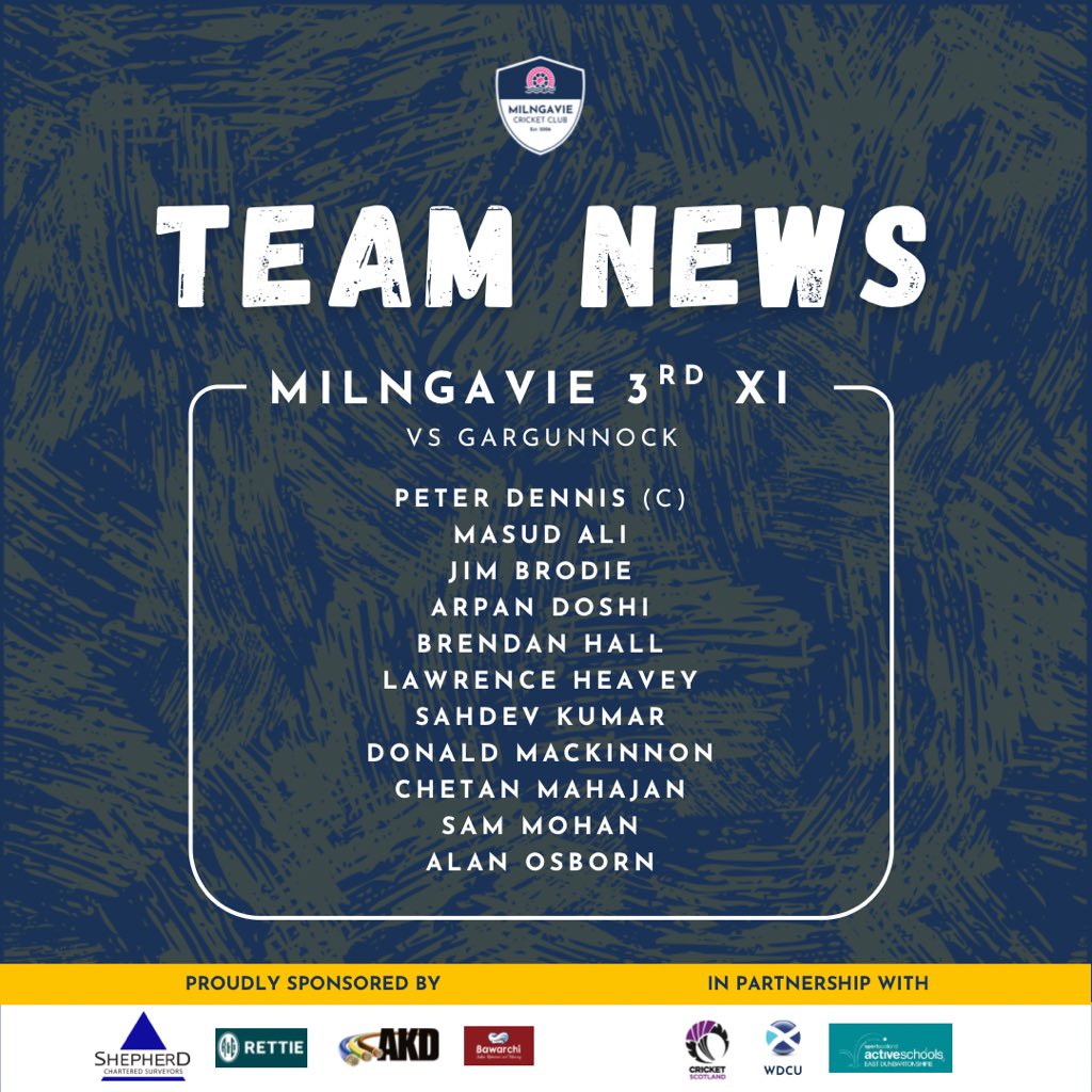 Our 3rd XI kick off their T20 season this evening 

🏏 3rd XI vs <a href="/GargunnockCrick/">Gargunnock/Kippen Cricket</a> 
🏟️ Meiklewood
🕰️ 18:00
🏆 T20 Friendly

Team news below including Milngavie debuts for Sam Mohan &amp; Masud Ali ⬇️