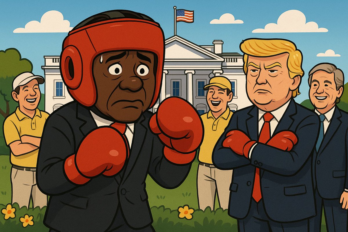 CEO of South Africa , Johan Rupert ,2 more white professional male golfers, Ernie Els and Retief Goosen will be at the 5pm meeting with Cyril.Just salvage what remains from the wreckage and get out of there Cyril! #SAinUSA #UnitedSouthAfrica | Oval Office | White House | Cupcake