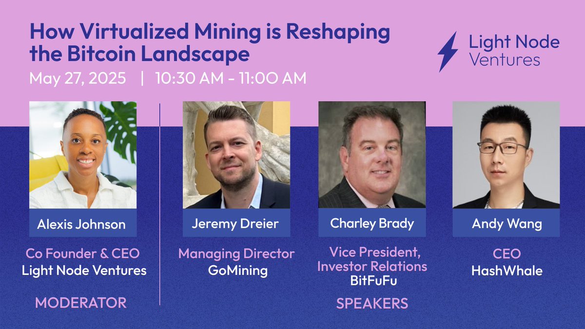 Light Node Ventures (@lightnodevent) on Twitter photo Join us next week at <a href="/TheBitcoinConf/">The Bitcoin Conference</a> for a panel on how Virtual Mining is Reshaping the Bitcoin Landscape moderated by <a href="/PulchraMens/">Alexis Johnson</a> at @lightnodevent featuring <a href="/jeremy_dreier/">Jeremy Dreier</a> from <a href="/GoMiningInst/">GoMining Institutional</a>, Charley Brady from <a href="/BitFuFuOfficial/">BitFuFu</a> and @imbitcoinholder from <a href="/HashWhale/">HashWhale</a>. Join us next week at <a href="/TheBitcoinConf/">The Bitcoin Conference</a> for a panel on how Virtual Mining is Reshaping the Bitcoin Landscape moderated by <a href="/PulchraMens/">Alexis Johnson</a> at @lightnodevent featuring <a href="/jeremy_dreier/">Jeremy Dreier</a> from <a href="/GoMiningInst/">GoMining Institutional</a>, Charley Brady from <a href="/BitFuFuOfficial/">BitFuFu</a> and @imbitcoinholder from <a href="/HashWhale/">HashWhale</a>.