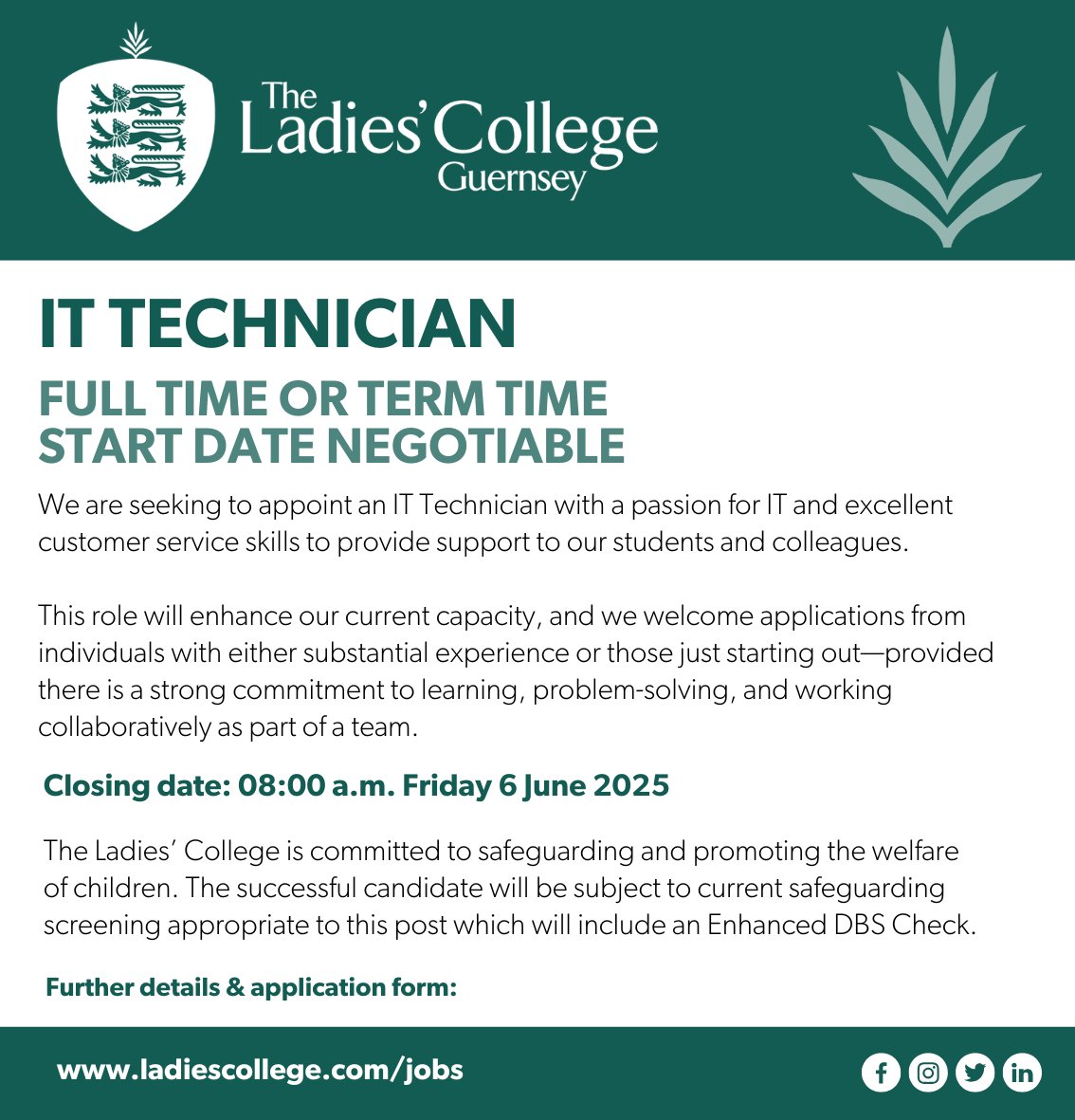 We're hiring an IT Technician (start date negotiable). If you have a passion for IT and excellent customer service skills, apply now! Whether you're experienced or just starting out, we value commitment, problem-solving, and teamwork.

Closing date: 08:00, Fri 6 June 2025